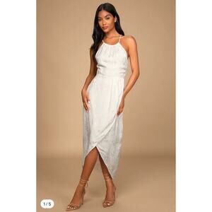 Lulu's Remarkable Moments White Floral Jacquard Satin Tulip‎ Midi Dress